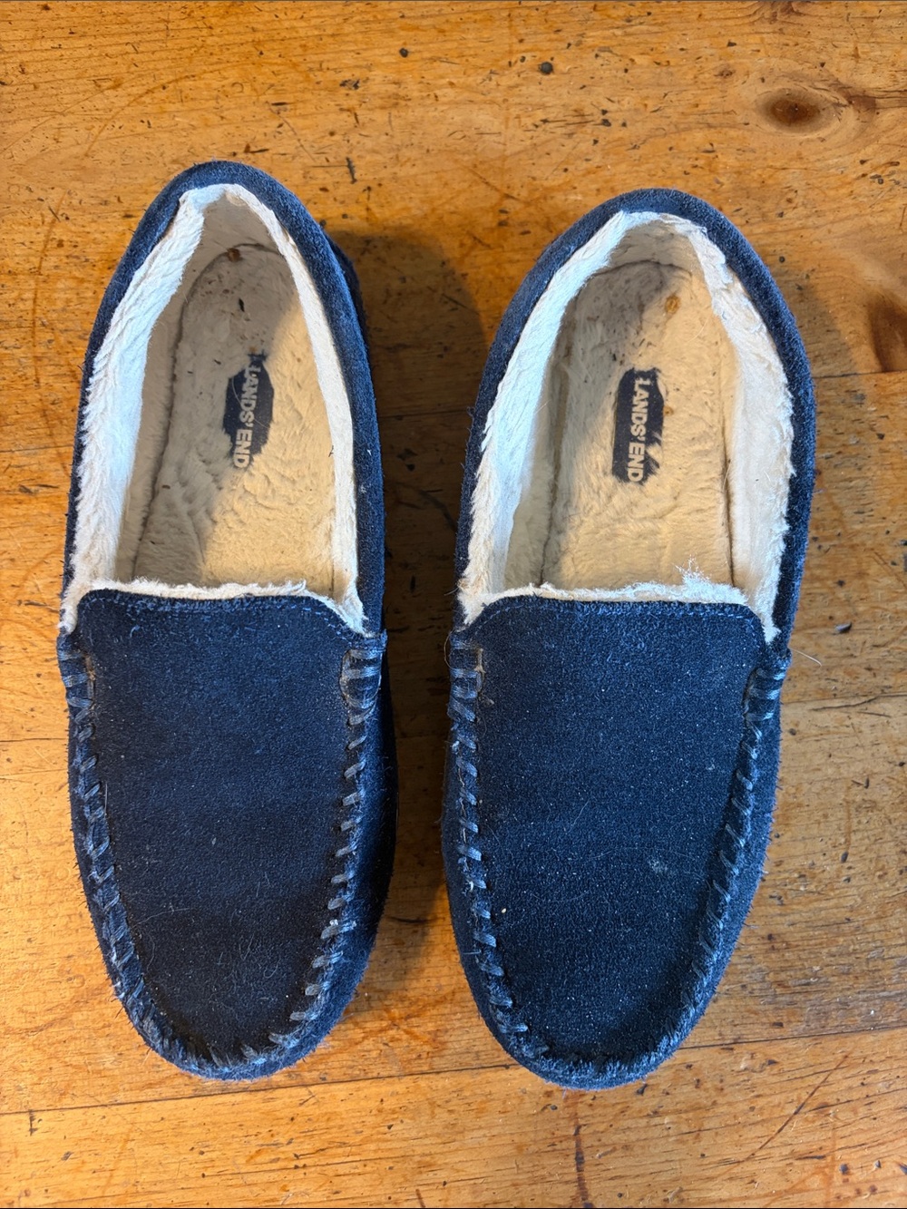 Lands' End Navy Suede Moccasin Slipper with Cream Sherpa Lining